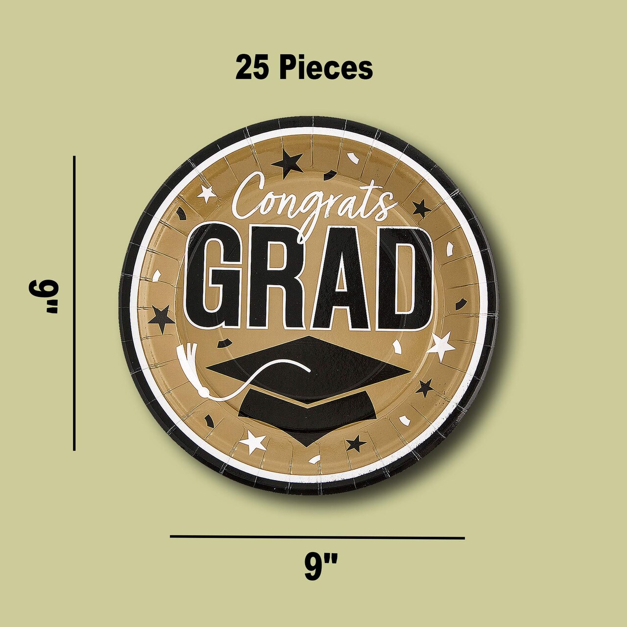 25 Count Gold Congrats Grad Round Paper Plates 9 Inch for Graduation
